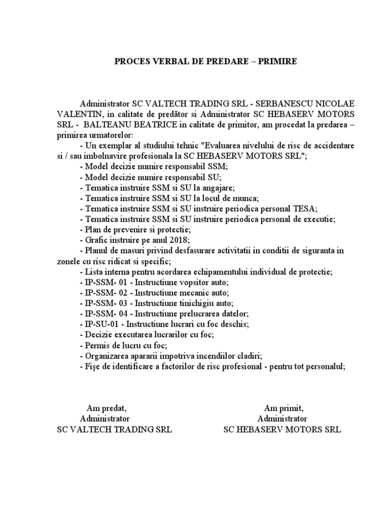 PROCES VERBAL DE PREDARE - Documente | PDF