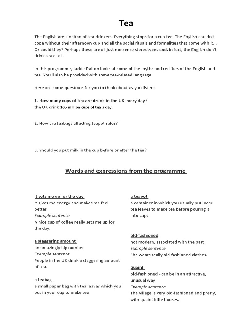 Words and Expressions From The Programme 1. How Many Cups of Tea Are