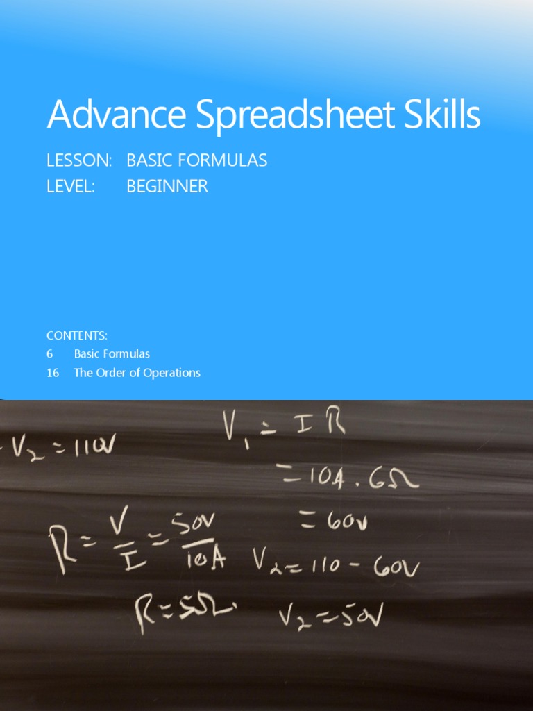 Advance Spreadsheet Skills Lesson Level Basic Formulas Beginner PDF