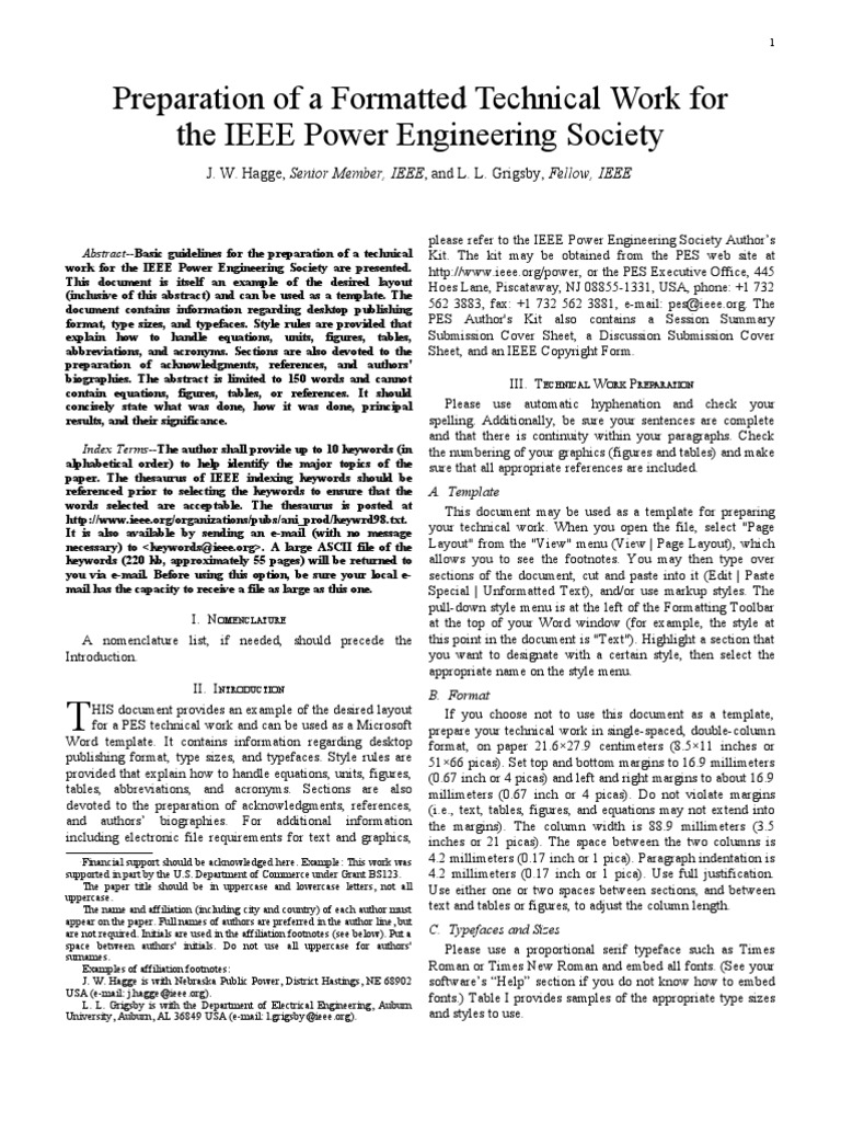 Preparation of A Formatted Technical Work For The IEEE Power ...