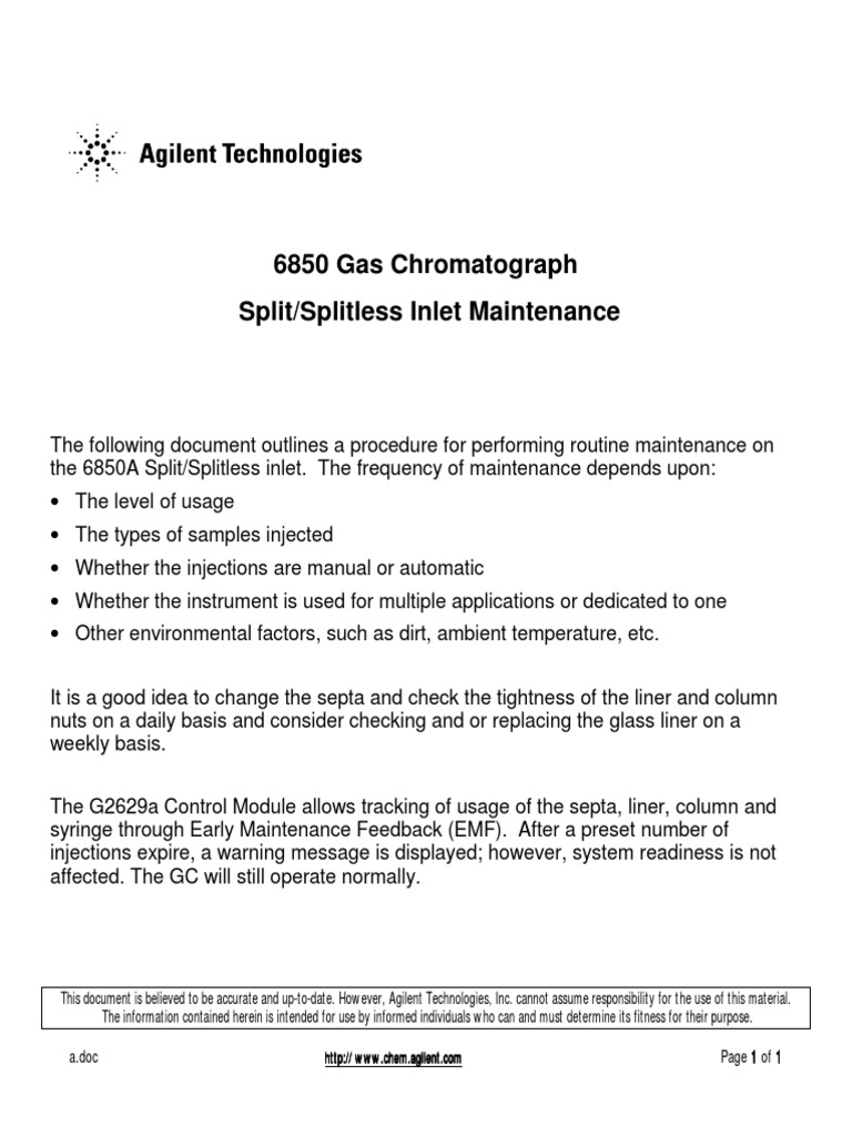 Agilent 6850 Gas Chromatograph Maintenance PDF | PDF | Gas ...