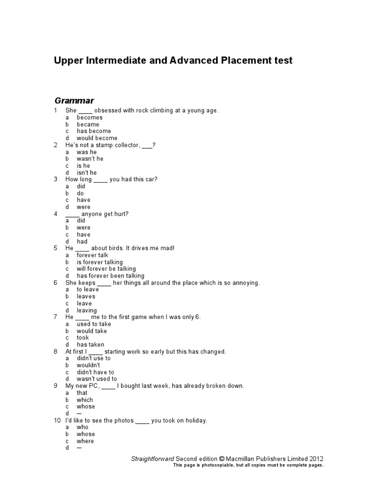 Upper Intermediate and Advanced Placement Test | PDF