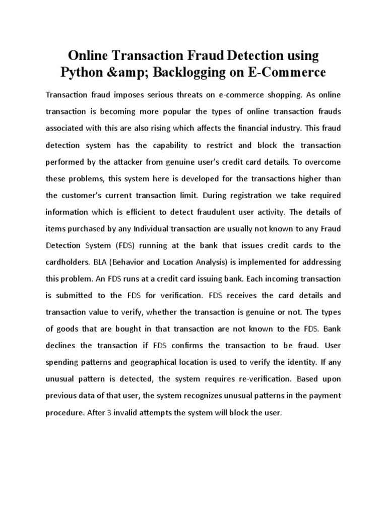 Online Transaction Fraud Detection Using Python & Backlogging On E ...