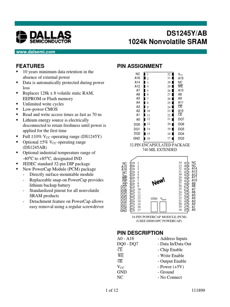 thumbnail image 2 of DALLAS DS1245Y-120 DIP-32 1024k Nonvolatile SRAM – New, USA Ship 2 of 5