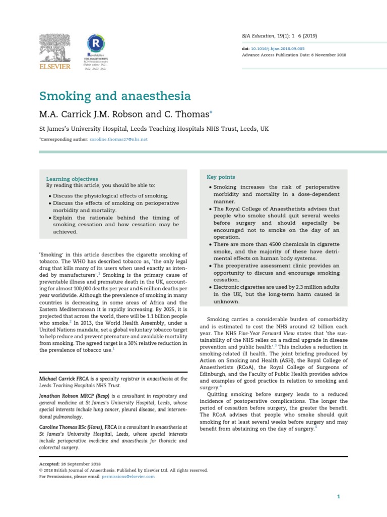 Smoking and Anaesthesia M.A. Carrick J.M. Robson and C. Thomas PDF
