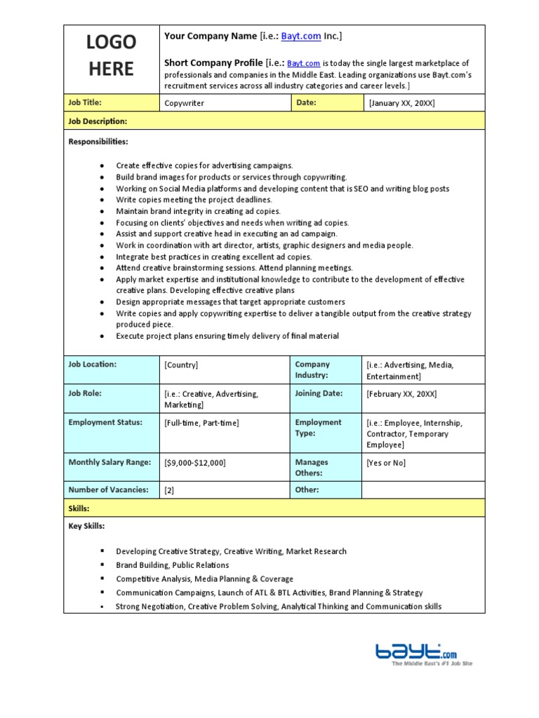Copywriter Job Description Template | PDF | Employment | Copywriting