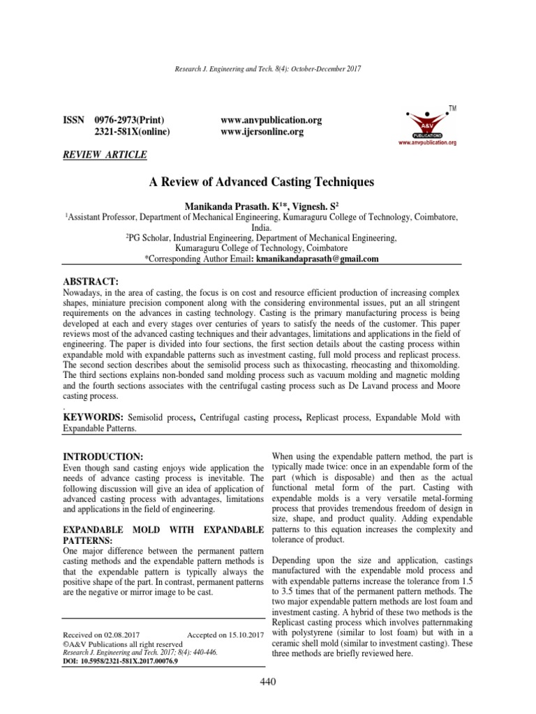 A Review of Advanced Casting Techniques ISSN 09762973 (Print) 2321