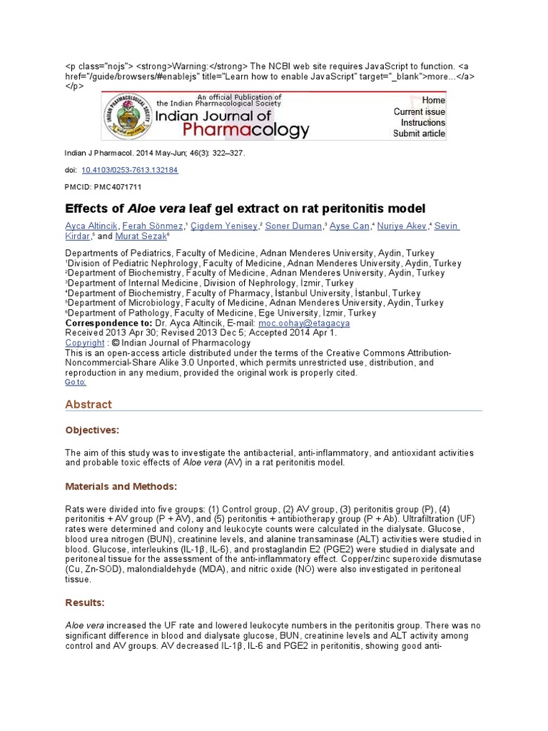 Effects of Aloe Vera Leaf Gel Extract On Rat Peritonitis Model | PDF ...