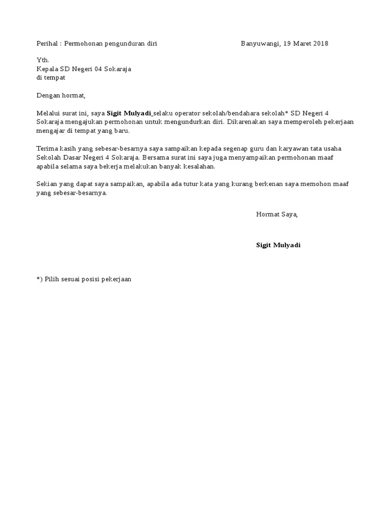 Surat Pengunduran Diri Operator Sekolah Atau Bendahara Sekolah F4 | PDF