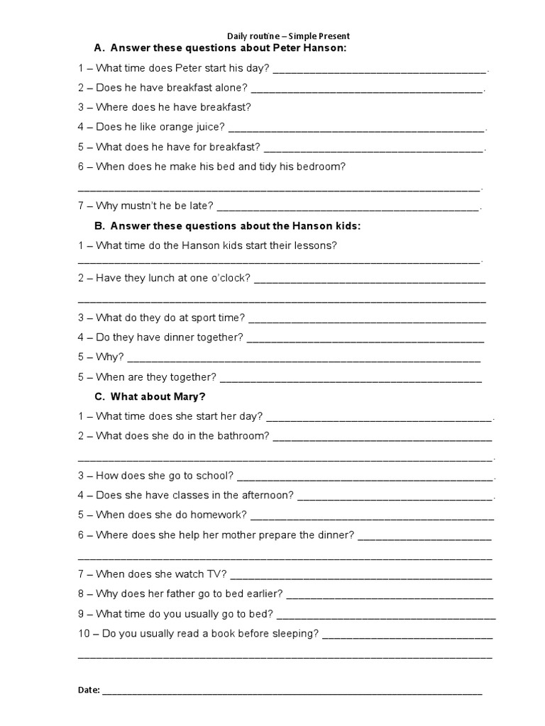 Workshhet Daily Routine - Peter and His Family | PDF