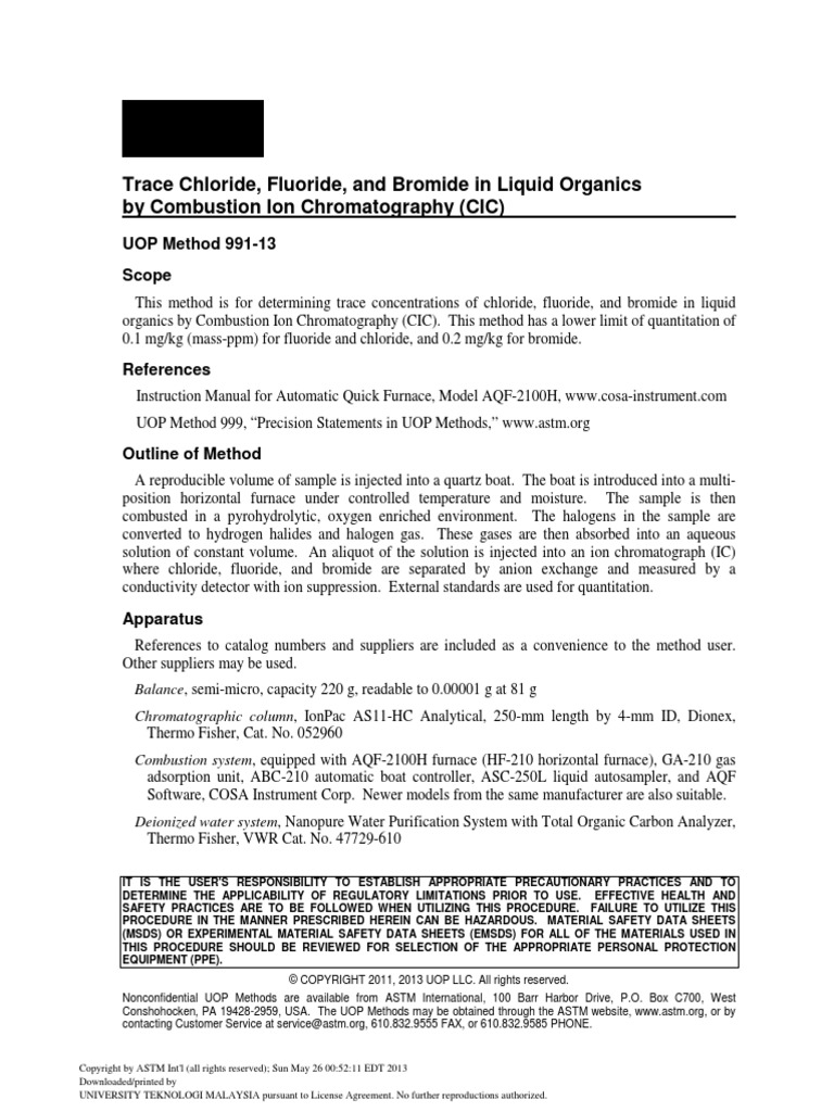 Trace Chloride, Fluoride, and Bromide in Liquid Organics by Combustion