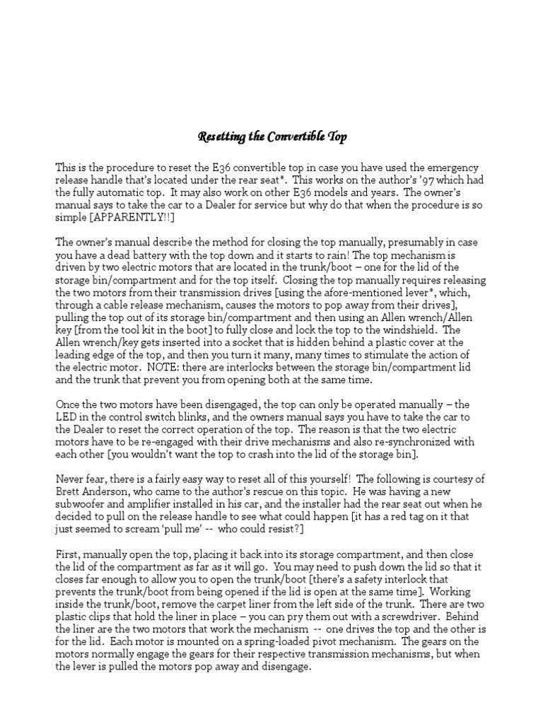 BMW E36 Resetting Convertible Roof Instructions PDF Trunk (Car