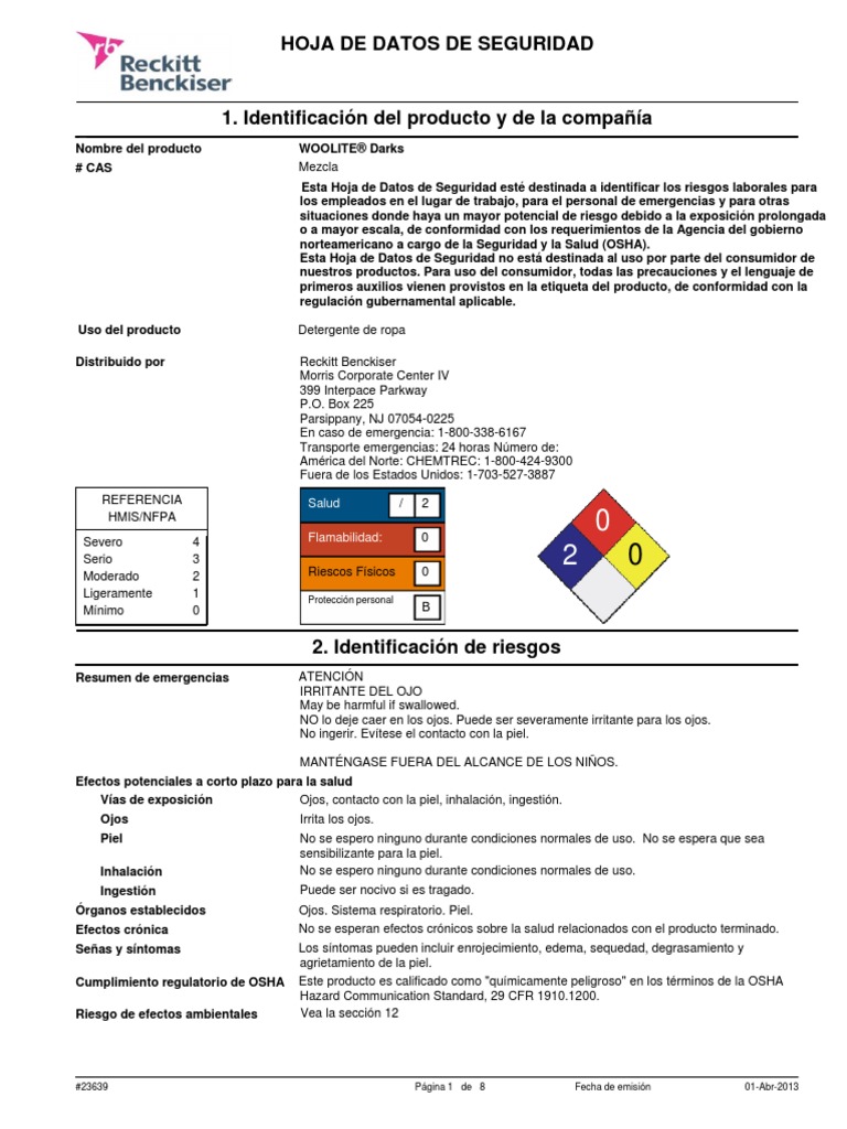 Msds Woolite Dark PDF Administración de Seguridad y Salud Ocupacional Agua