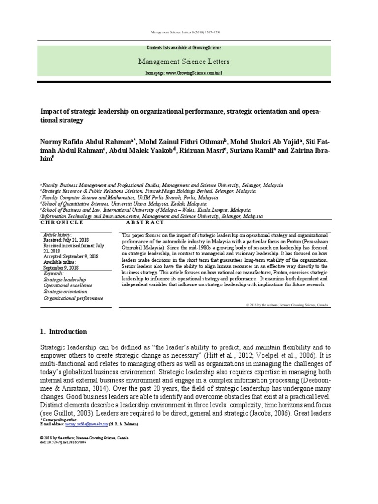 Impact of Strategic Leadership On Organizational P PDF | PDF ...