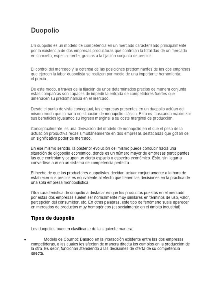 Duopolio PDF Oligopolio Monopolio
