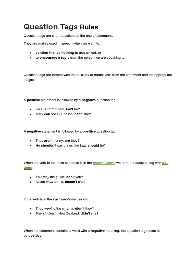 Question Tags Rules | PDF | Language Arts & Discipline | Wellness