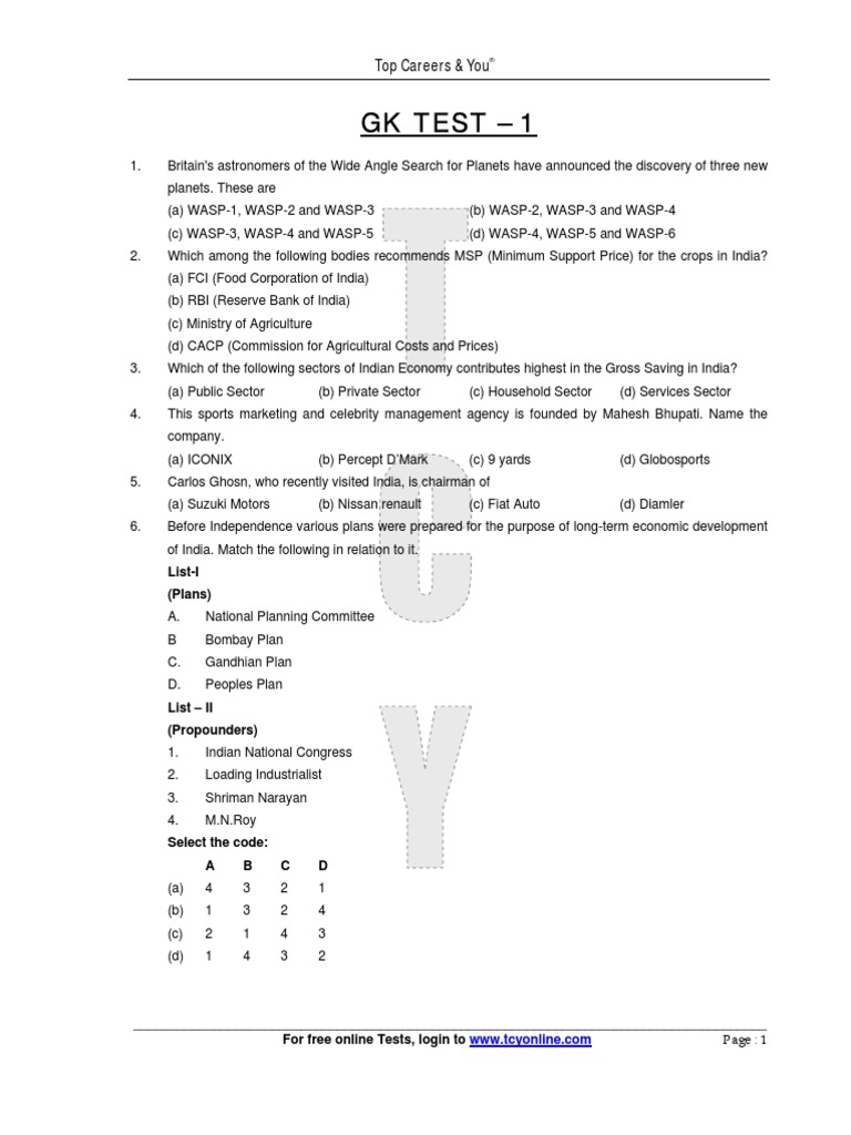 GK Test - 1: Top Careers & You | PDF | Reserve Bank Of India | Carbon
