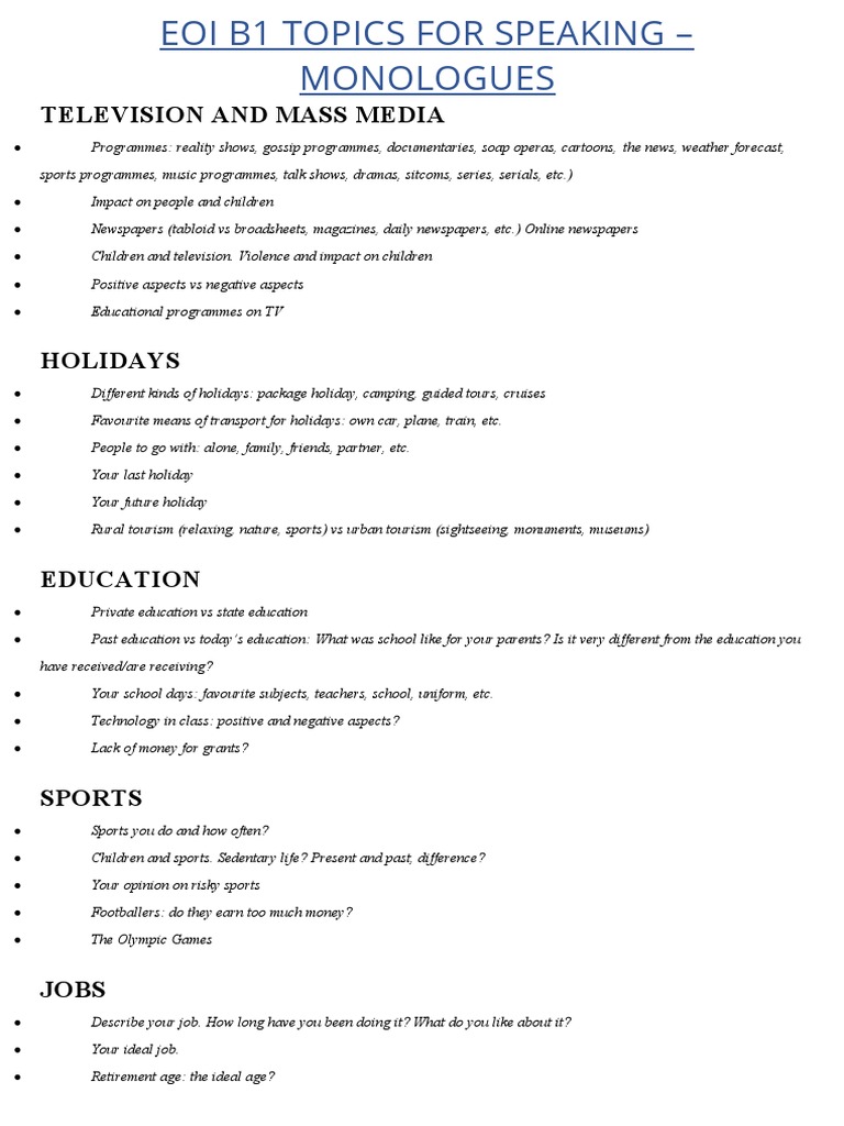 B1 Speaking Topics and Monologues Guide | PDF | Lifestyle