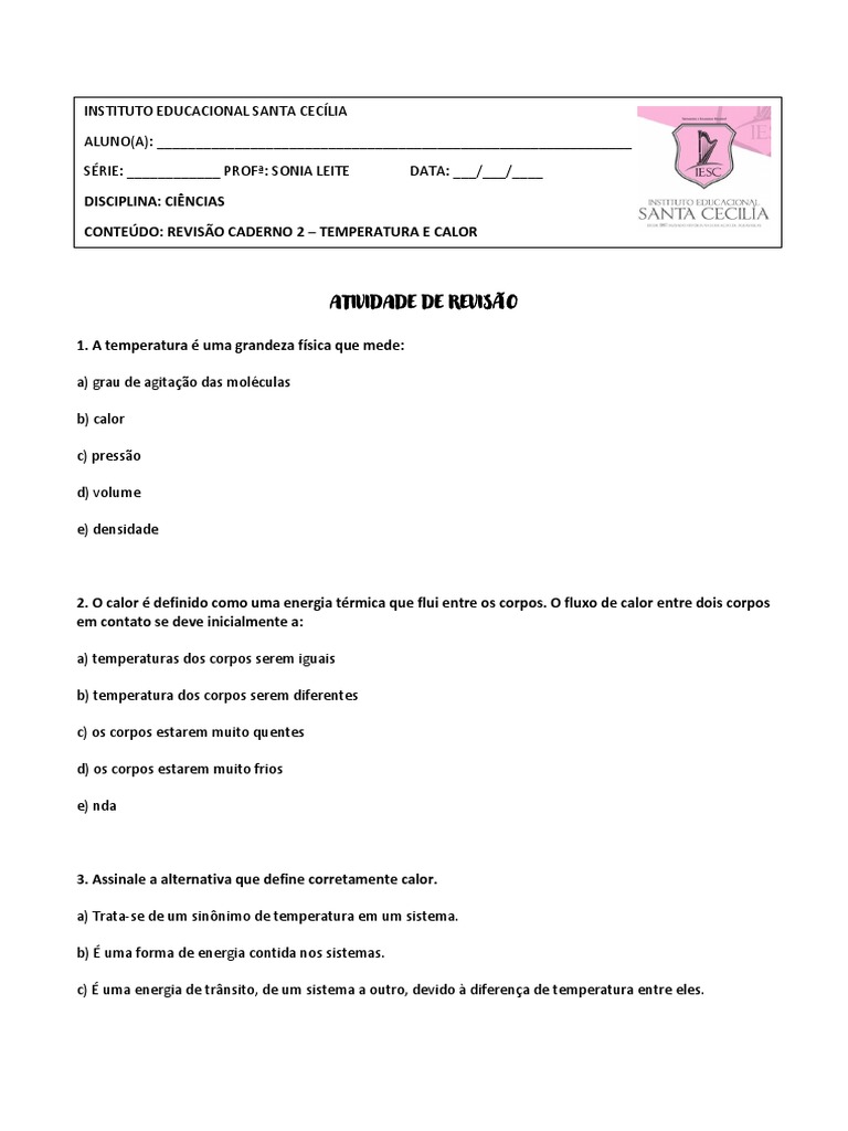 Atividade de Revisão: Calor e Temperatura 7º Ano | PDF