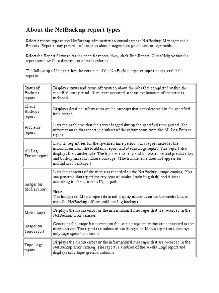 NetBackup Report Types PDF Backup Disk Storage