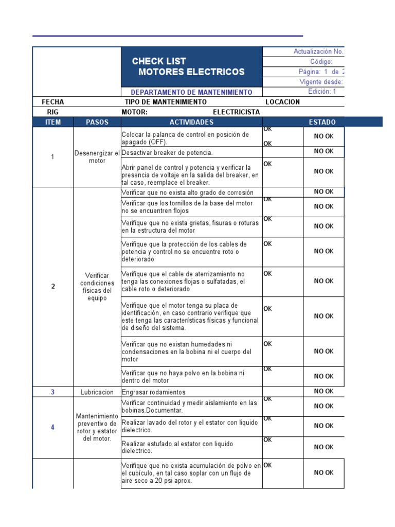 Checklist de Mantenimiento de Motores y Generadores | PDF | Generador ...