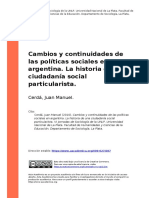 Cerda, Juan Manuel (2010). Cambios y continuidades de las politicas sociales en argentina. La historia de una ciudadania social particula (..)