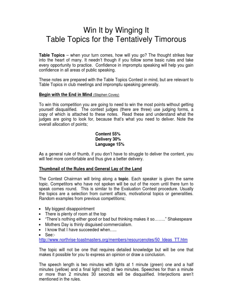 Win It by Winging It Table Topics For The Tentatively Timorous | PDF ...