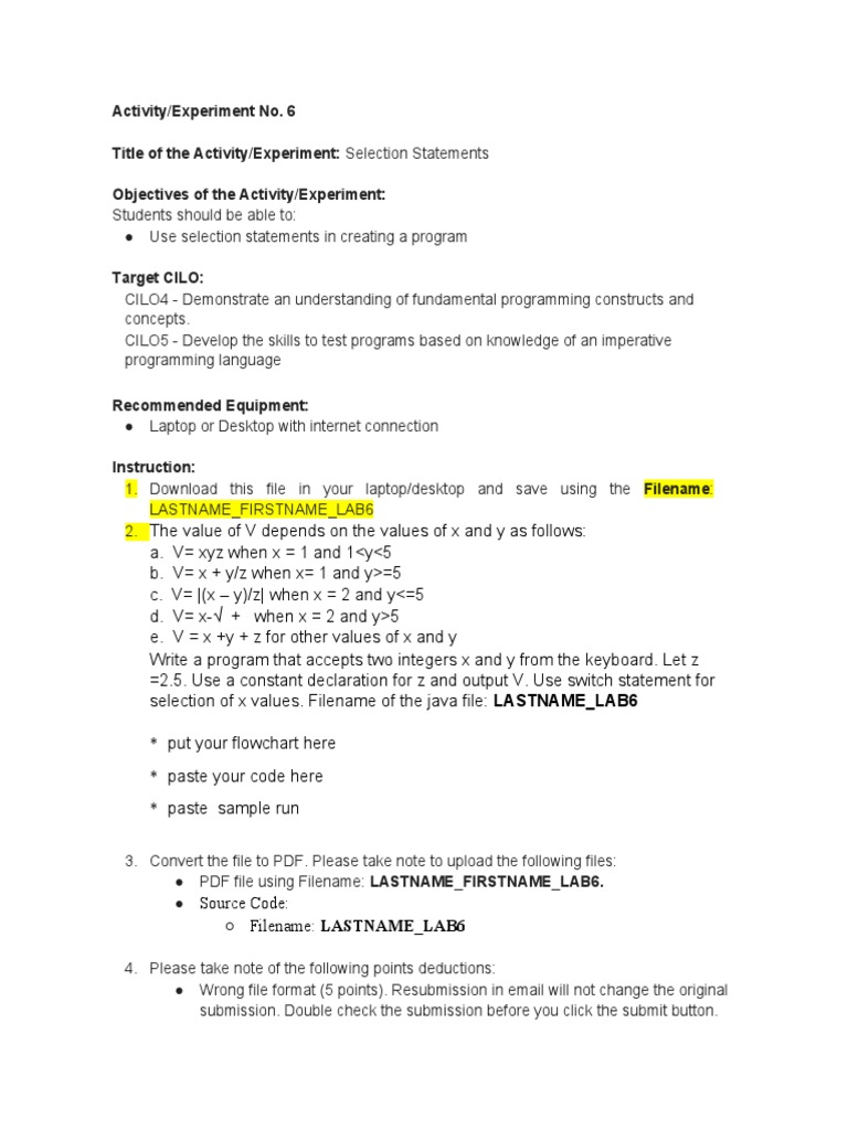 Laboratory Activity 6-Selection - Statements | PDF