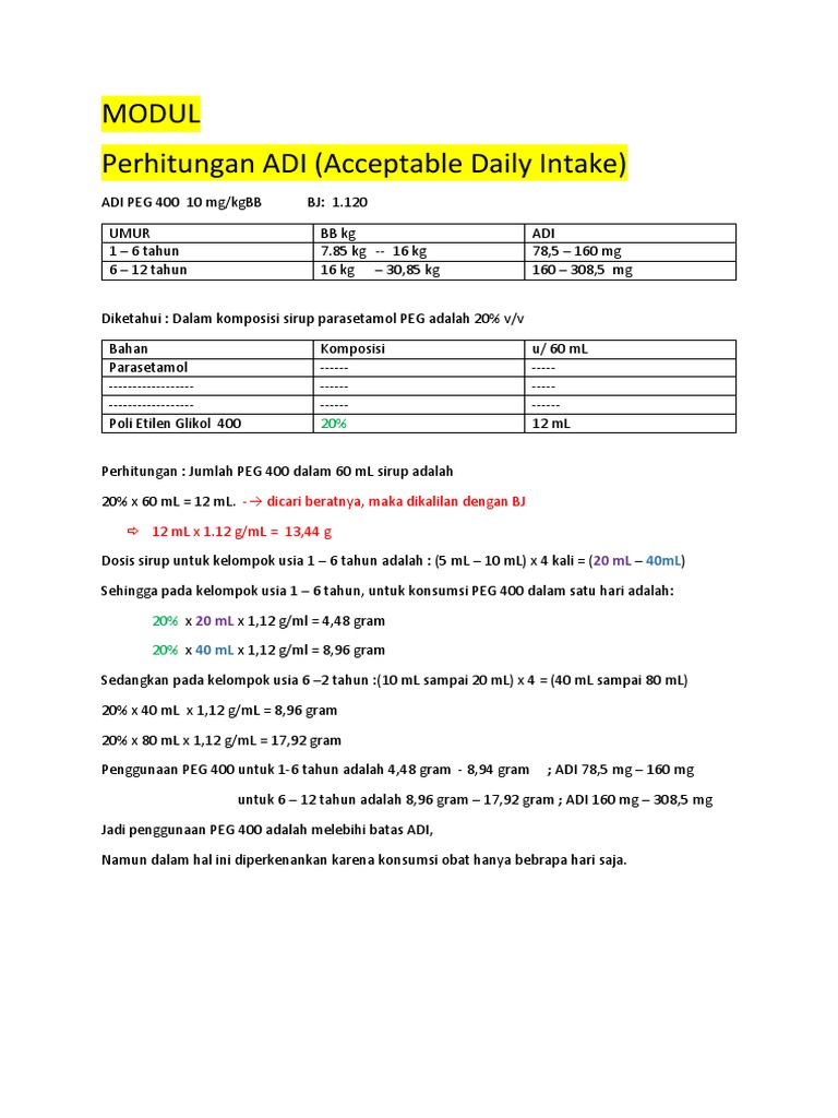 Perhitungan ADI untuk PEG 400 pada Anak | PDF | Memasak, Makanan, & Anggur