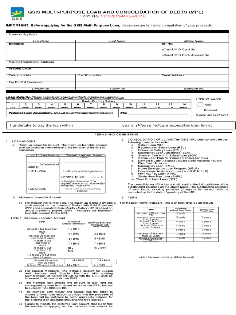 Gsis MultiPurpose Loan and Consolidation of Debts (MPL) PDF Loans