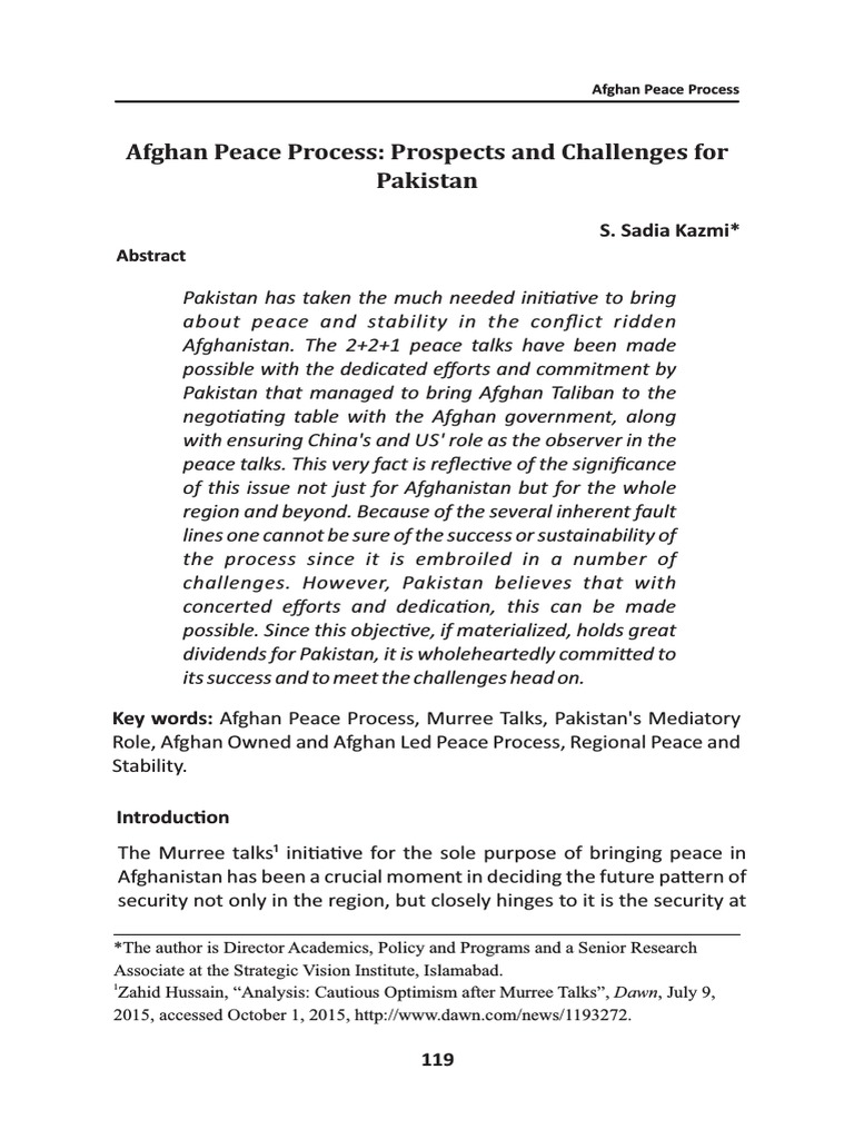 Afghan Peace Process: Prospects and Challenges For Pakistan: S. Sadia ...