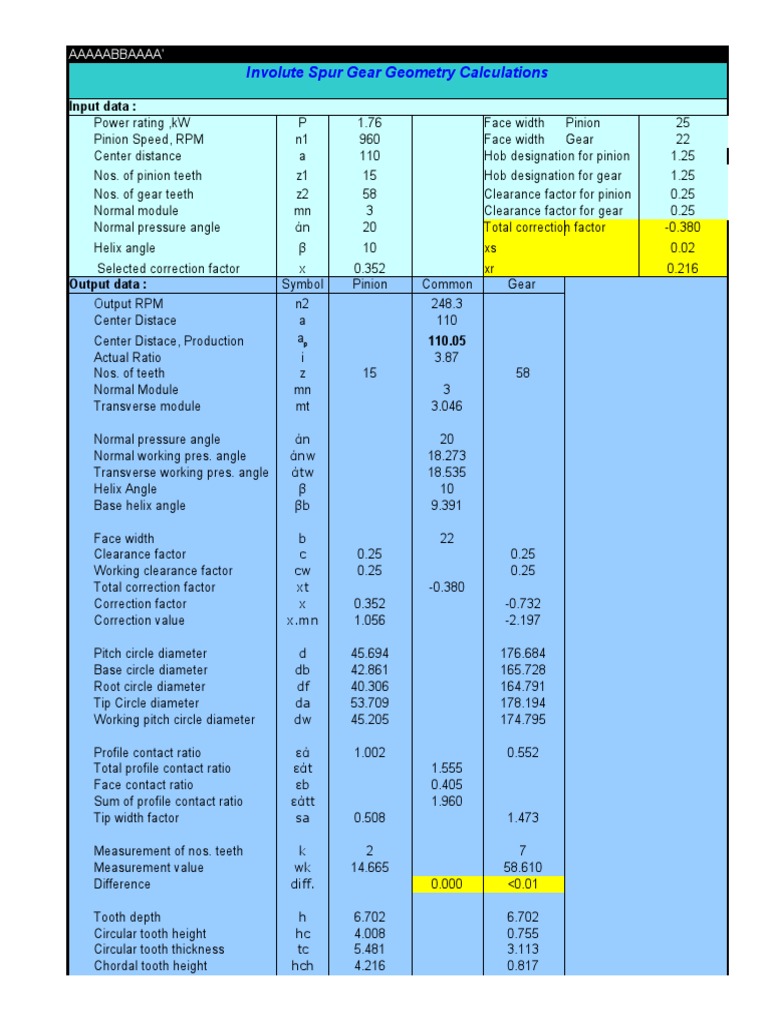 Involute Spur Gear Geometry Calculations Input Data PDF Gear