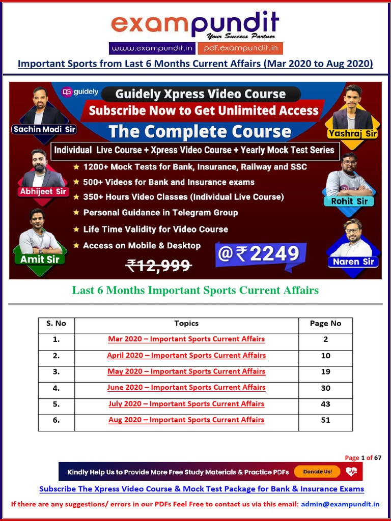 Last Six Months Important Sports Current Affairs PDF | PDF | Cricket | Fifa