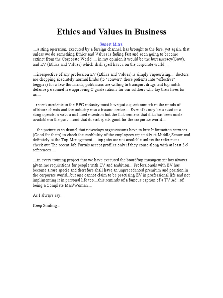 Ethics and Values in Business: Suneet Mitra | PDF | Business Ethics ...
