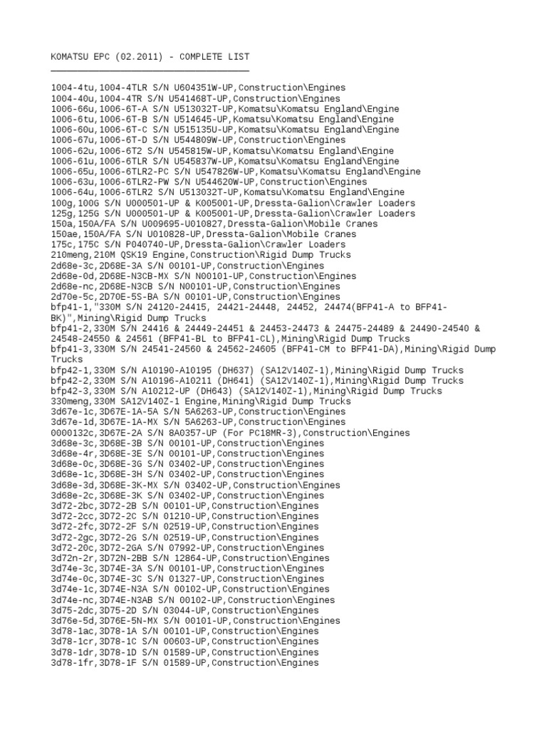 Complete List of Komatsu Engine Part Numbers and Serial Number Ranges