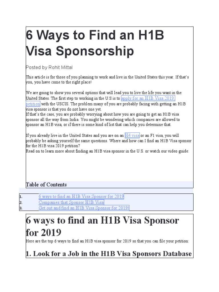 6 Ways To Find An H1B Visa Sponsor For 2019 PDF H 1 B Visa Business
