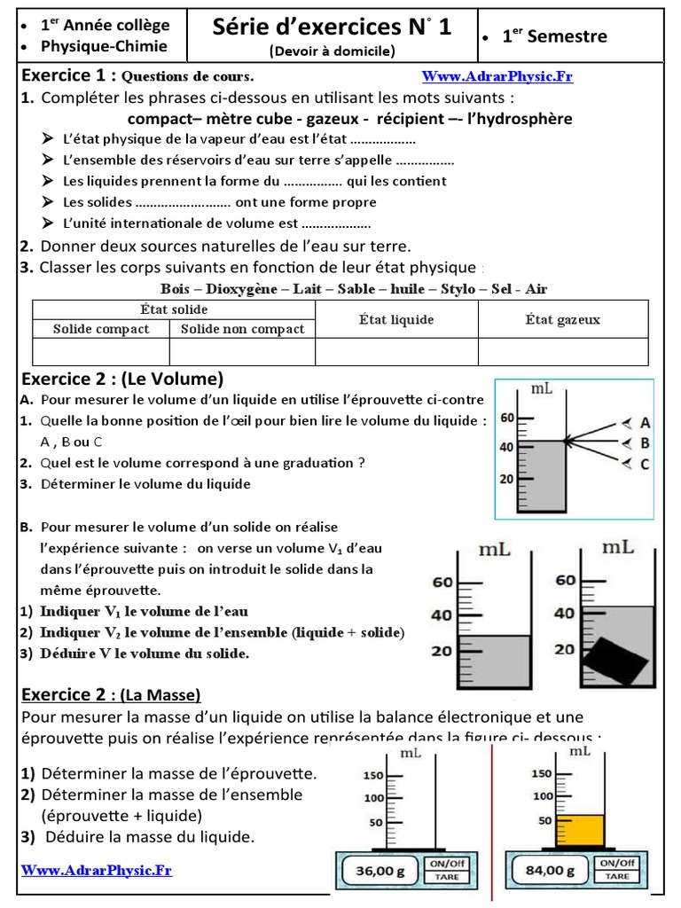 Masse Et Volume 6ème Evaluation Pdf Controle 1 - 5 S1 1AC Inter | PDF | Le volume | Eau
