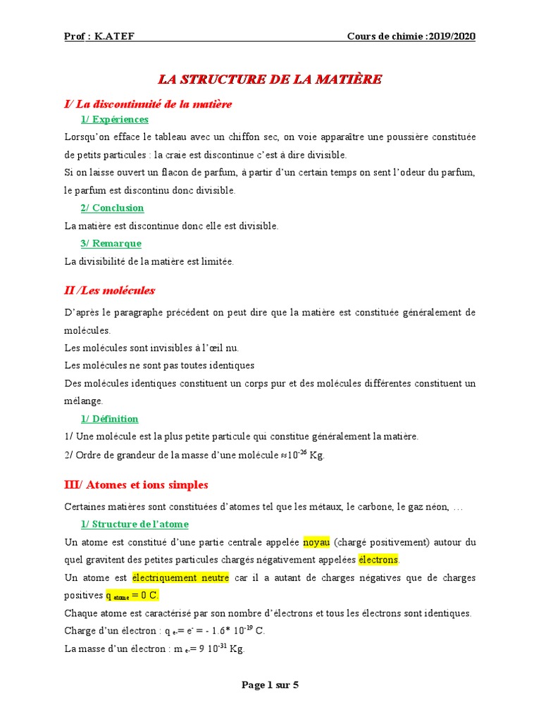 Espece Chimique Simple Electriquement Neutre Constituant La Matiere Cour-1-La Structure de La Matière | PDF | Atomes | Ion