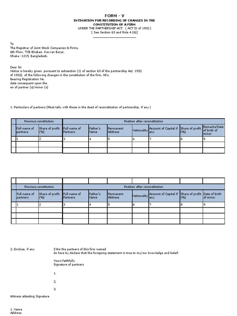 Form V: Change in Firm Constitution | PDF | Partnership | Business Law