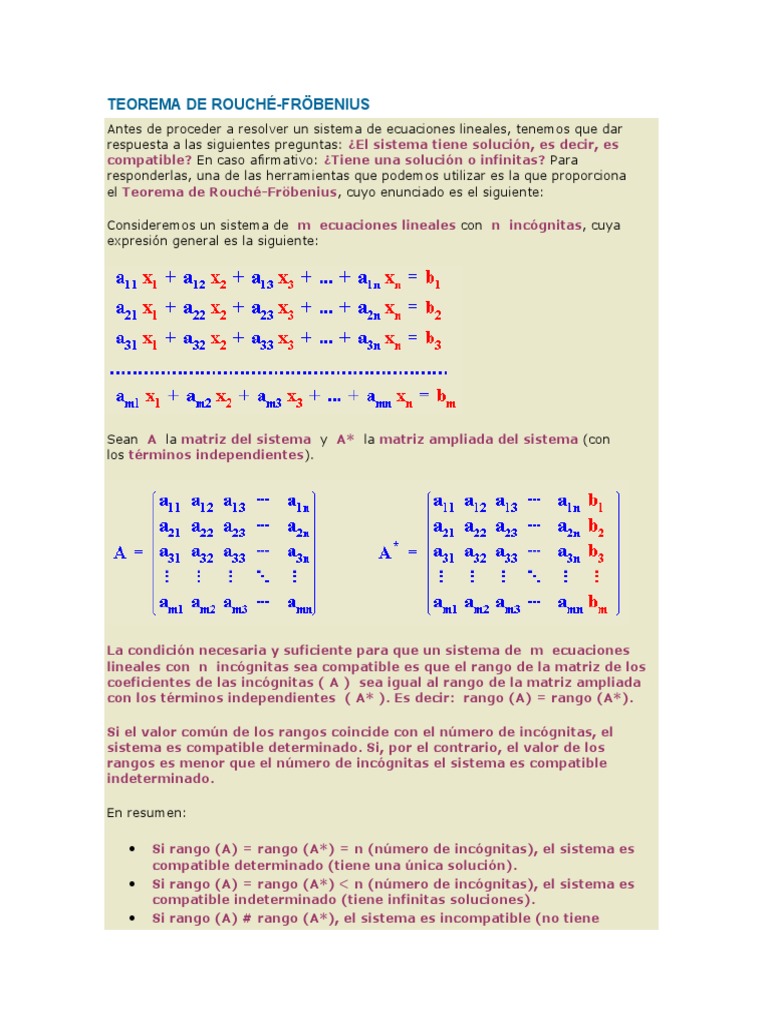 Teorema de Rouché-Fröbenius | PDF | Ecuaciones | Matriz (Matemáticas)