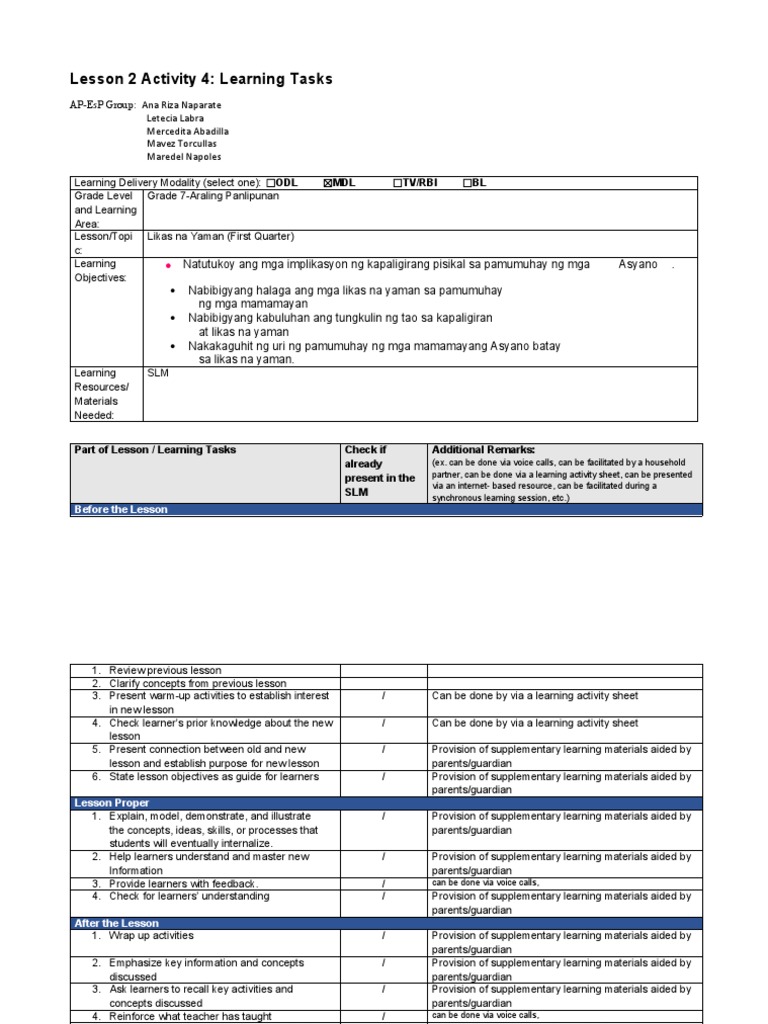 AP ESP Module 3 A Lesson 2 Activity 4 Learning Tasks | PDF | Learning ...