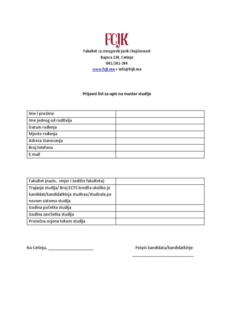 Prijavni List Za Master Studije | PDF