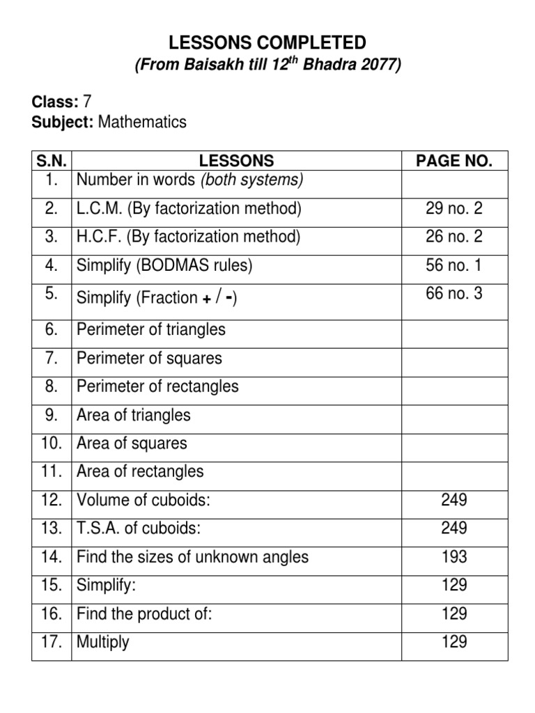 Class 7 Math Lessons Overview | PDF