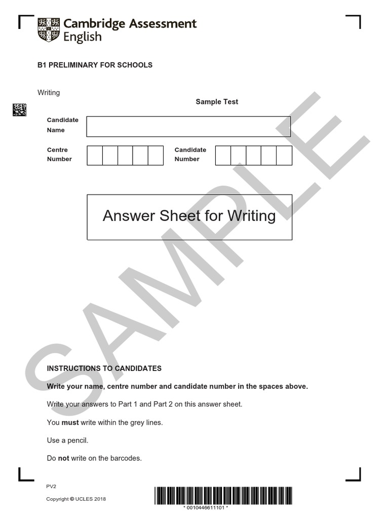 B1 Preliminary For Schools Writing Sample Answer Sheet | PDF ...