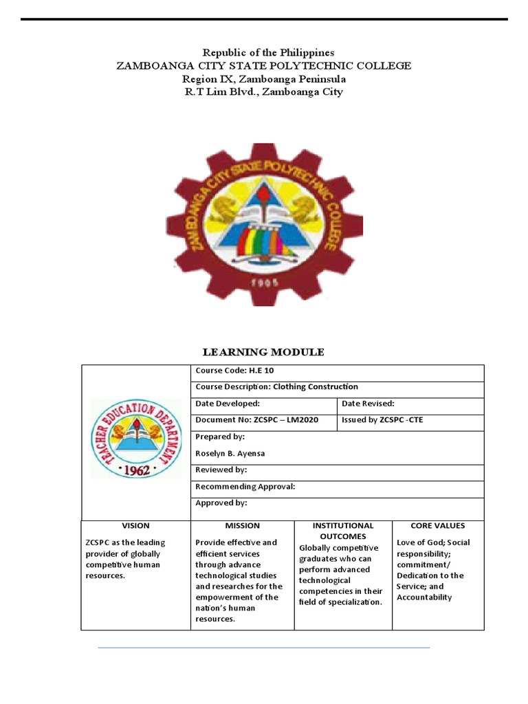 Clothing Construction A Guide to Learning Module for HE 10 at Zamboanga City State Polytechnic