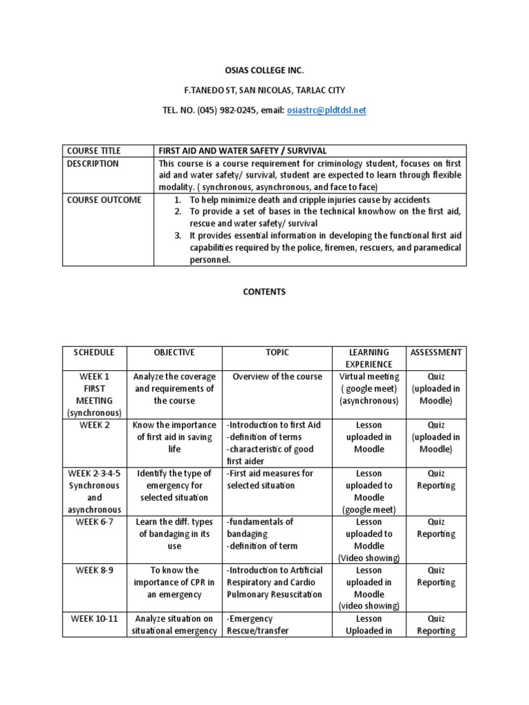 SyllabusFirst Aid and Water Safety PDF First Aid Cardiopulmonary
