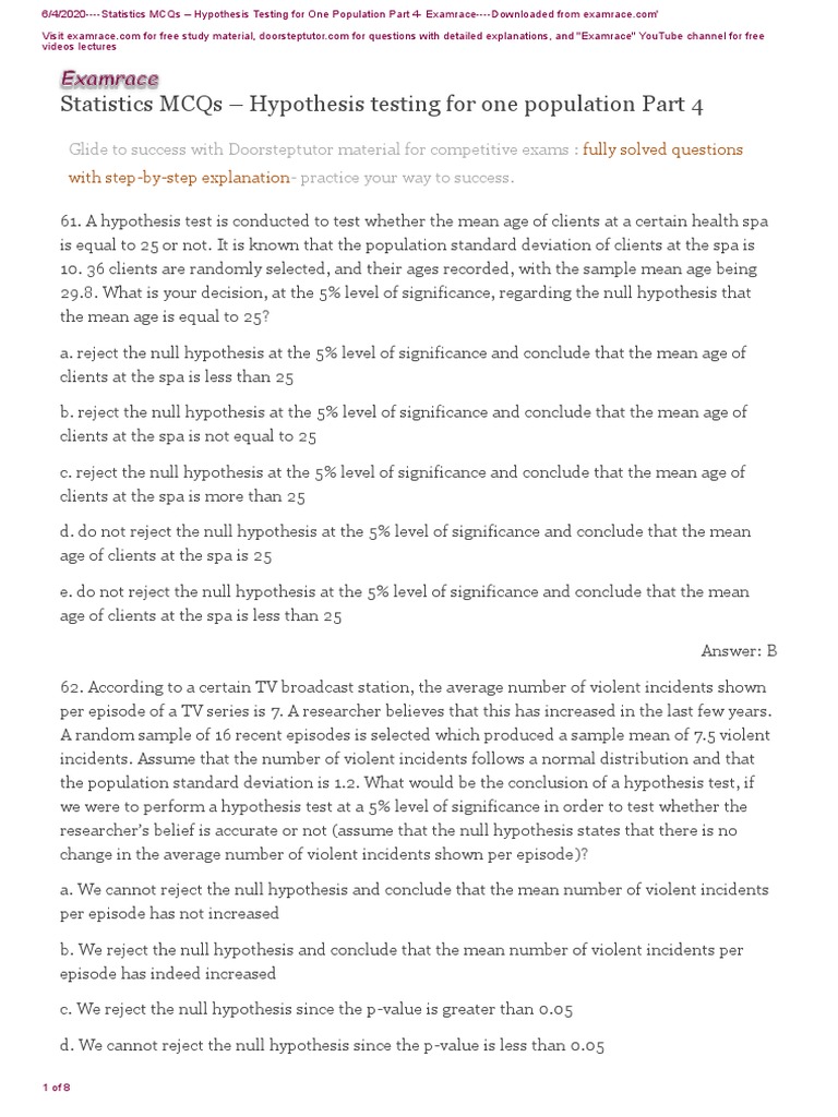 Statistics Mcqs Hypothesis Testing For One Population Part 4 PDF