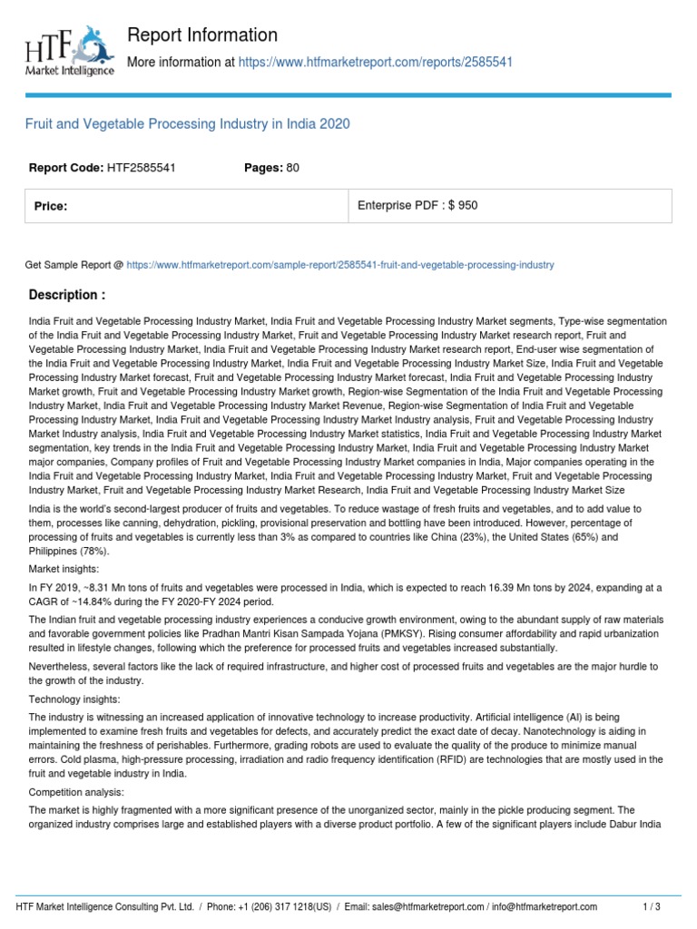 Report Information Fruit and Vegetable Processing Industry in India 2020 PDF Vegetables
