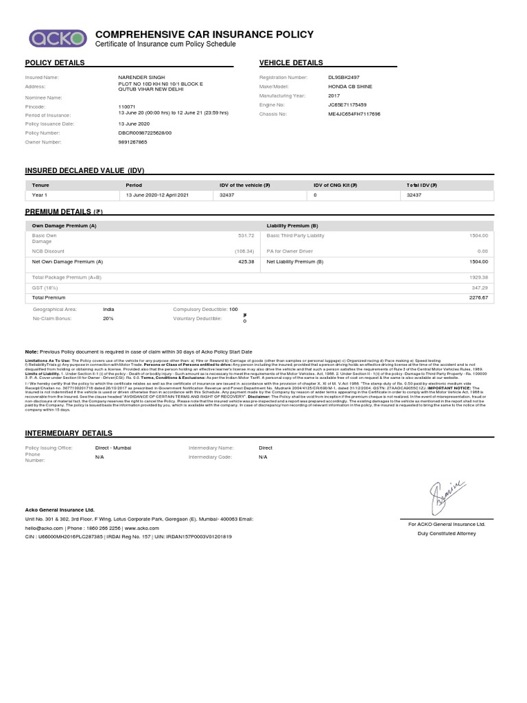 Comprehensive Car Insurance Policy Details | PDF | Vehicle Insurance ...