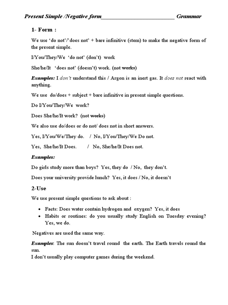 1-Form:: Present Simple /negative Form - Grammar | PDF | Wellness